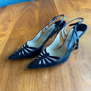 Jimmy Choo, Women’s 3” heel, black slingback, size 37 1/2, made in Italy.